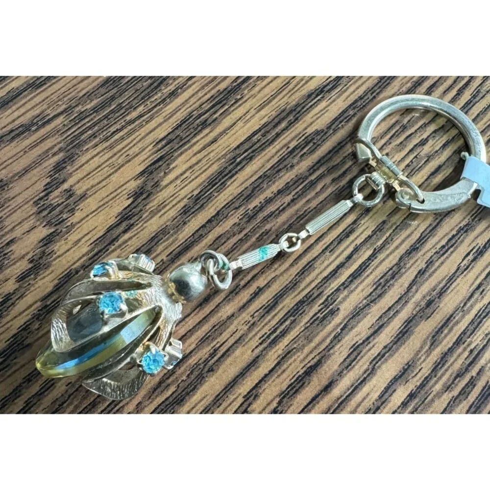 Vintage Faceted Glass Heart Keychain Curved Oval Rhinestone Mounting FOB